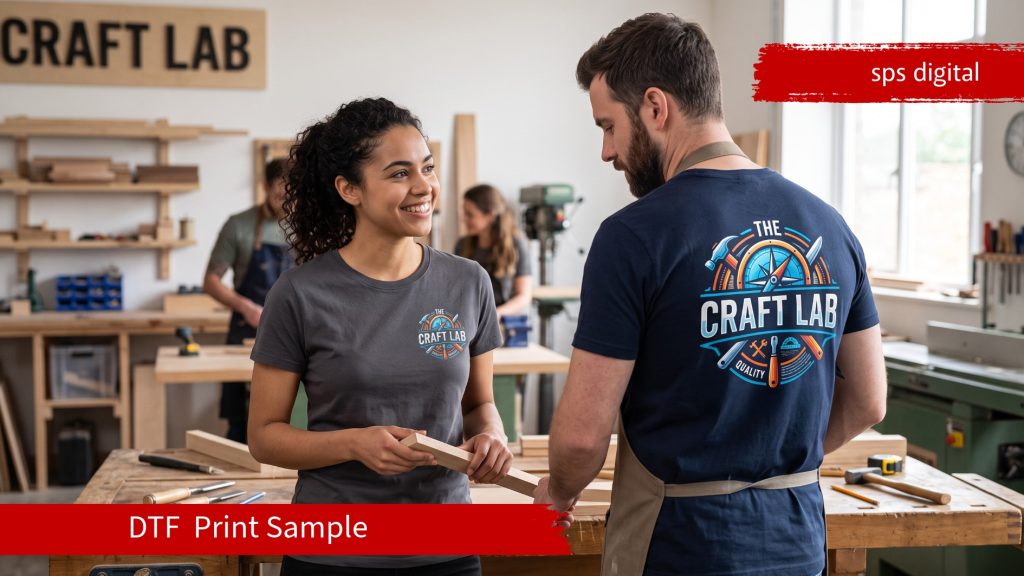 Staff wearing branded workwear t‑shirts featuring full‑colour DTF printed logos with smooth, vibrant detail, shown in a clean workplace setting with natural lighting, crisp fabric texture and professional uniform presentation.