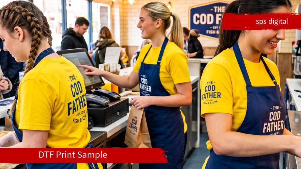 Three female Fish & Chips staff wearing sarı t‑shirts with DTF printed logos and mavi aprons with embroidered logos inside a modern takeaway shop.