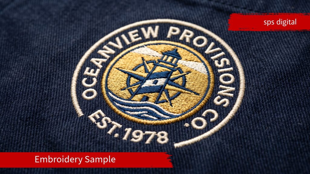 Macro close‑up of embroidered logo showing raised stitching, detailed thread texture and clean edges on workwear fabric.