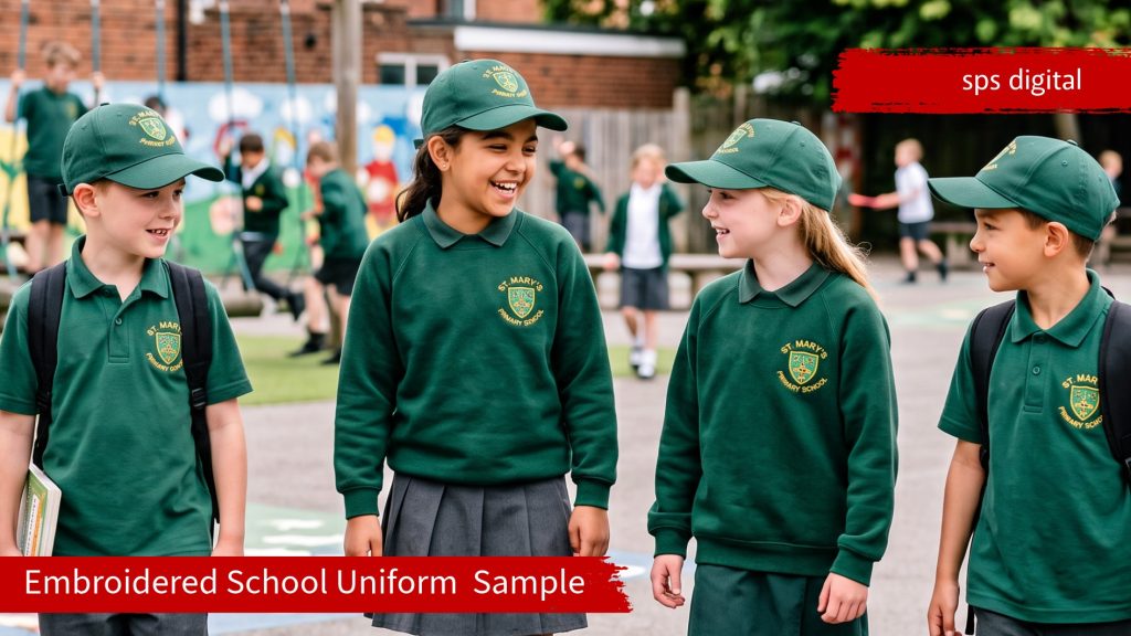 School children wearing green polos, sweatshirts and hats with embroidered school names, paired with grey trousers and skirts.