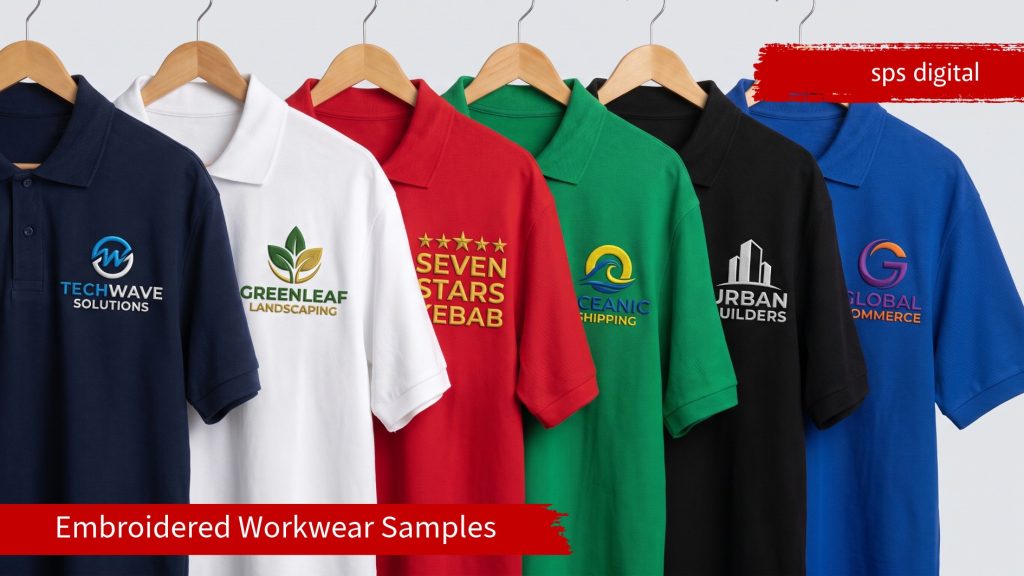 Commercial product display of six polos with high‑resolution embroidered logos and neat collar structure