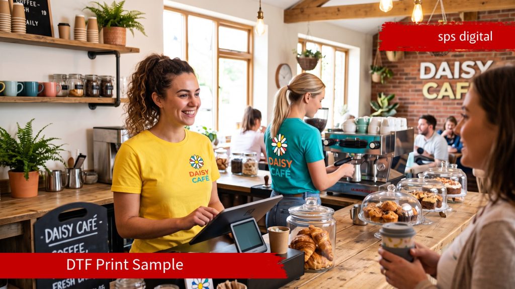 staff wearing branded t‑shirts featuring full‑colour DTF printed logos with smooth finish and strong visibility.
