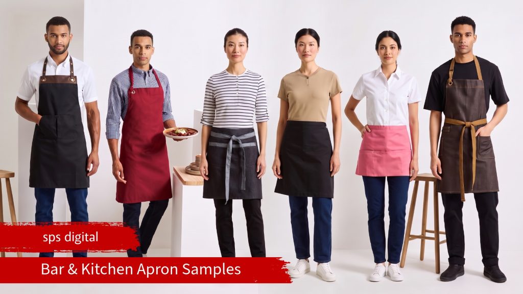 Catalogue image featuring various aprons worn by different models with distinct faces, showcasing fabric textures and professional hospitality styling.