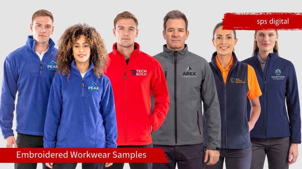 Group photo of six models wearing embroidered workwear outerwear including fleece quarter‑zips, softshell jackets, a fleece gilet and a red outdoor jacket, all featuring clearly stitched logos in a clean studio setting.