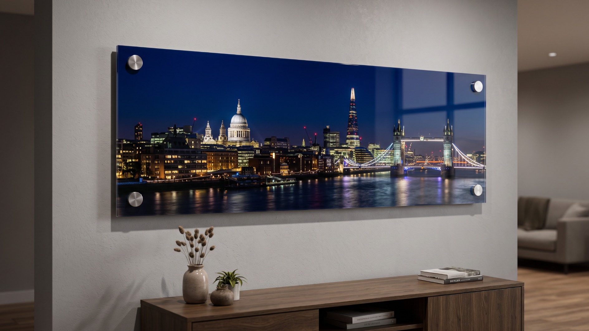 Wide panoramic acrylic print featuring Tower Bridge and St Paul’s Cathedral mounted on a modern interior wall, with edge‑to‑edge high‑gloss acrylic and small brushed metal standoff fixings on all four corners.