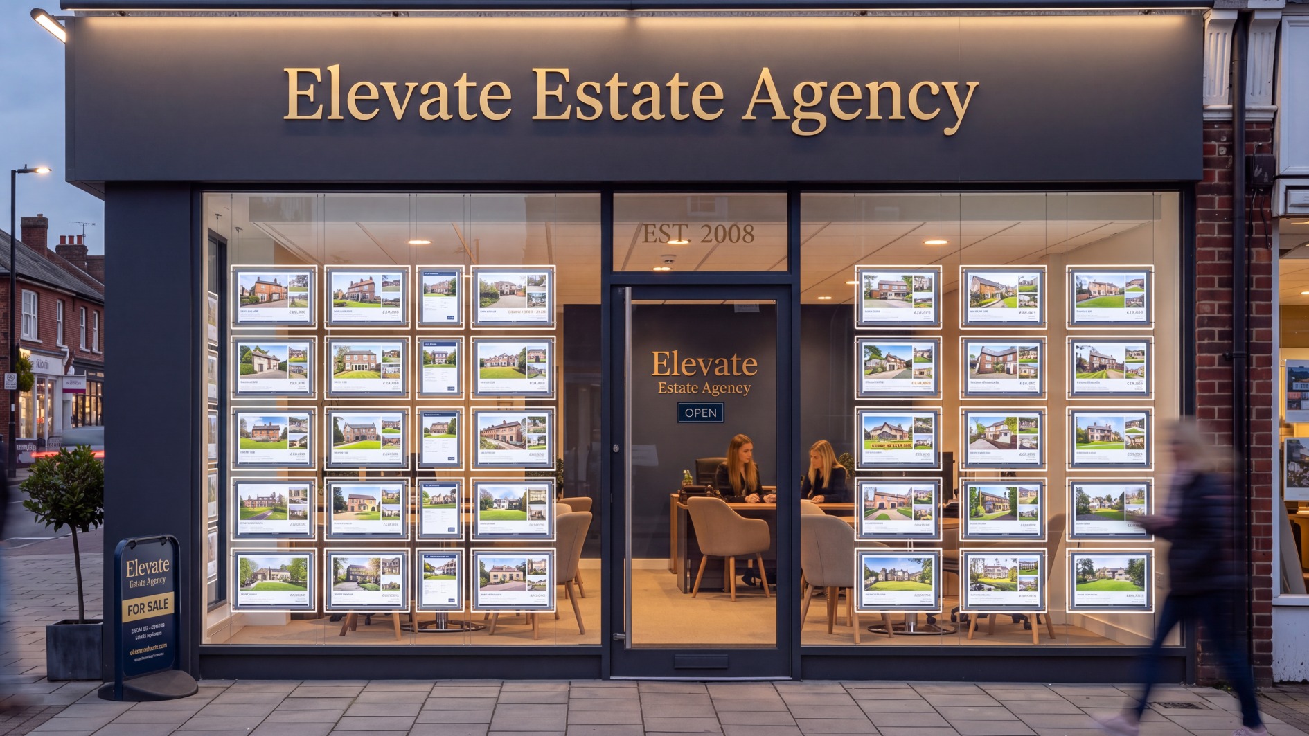 Estate agent shopfront with illuminated LED property lightboxes