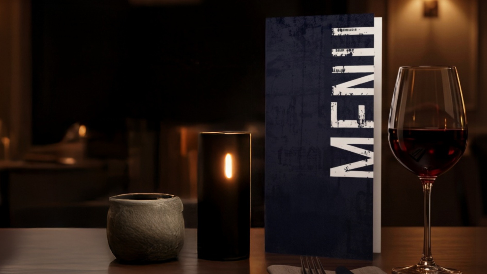 Restaurant table menu placed flat on a dining table at night with warm ambient lighting, soft shadows, subtle reflections and blurred background bokeh creating a premium evening dining atmosphere.