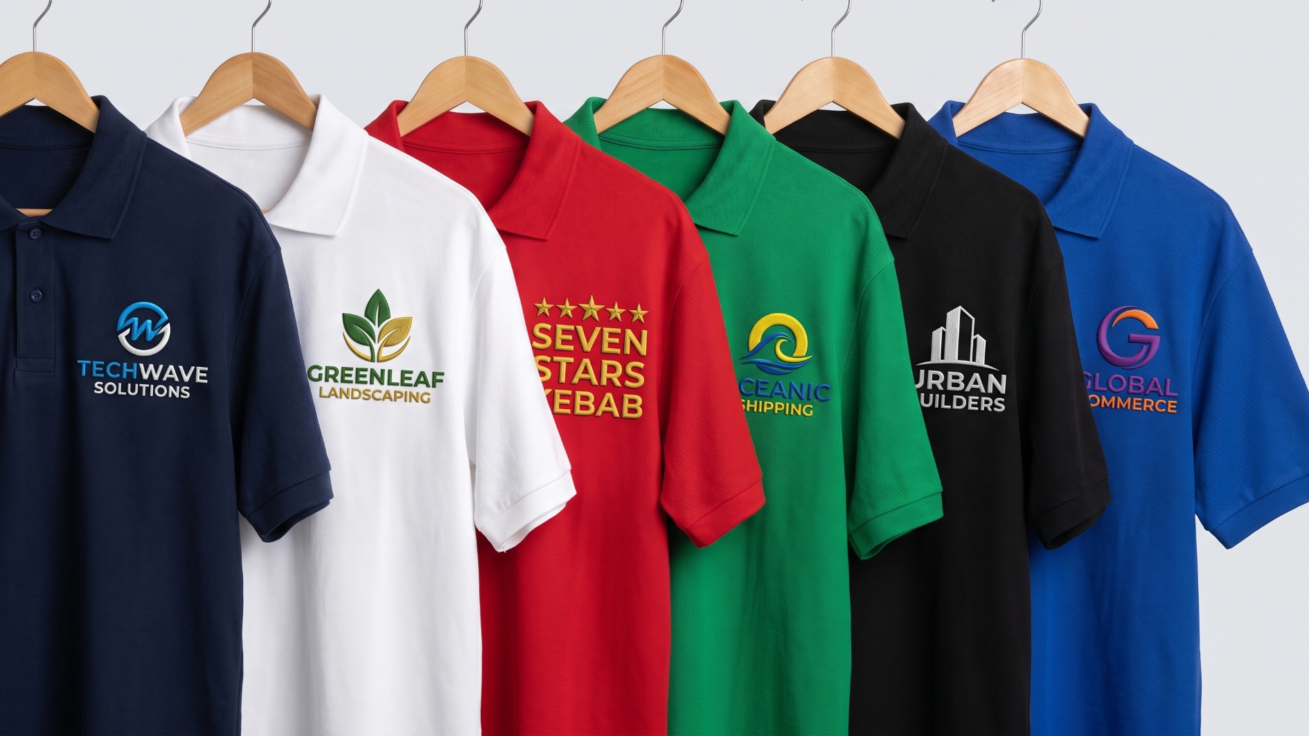 Commercial product display of six polos with high‑resolution embroidered logos and neat collar structure