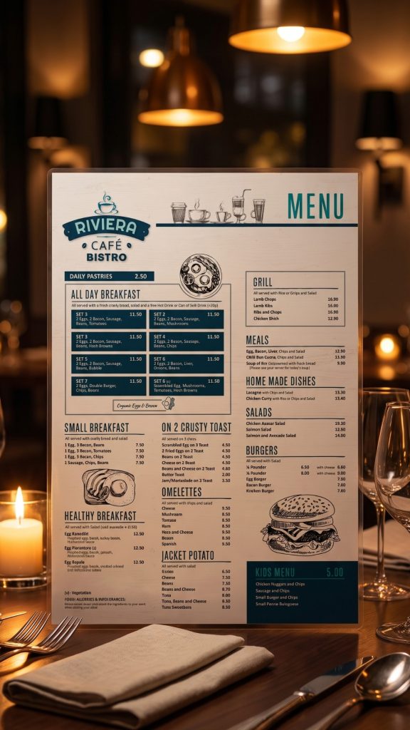 Flat menu placed on a restaurant table at night with warm ambient lighting, soft shadows, subtle reflections and blurred background bokeh, showcasing crisp print quality and a premium evening dining atmosphere.