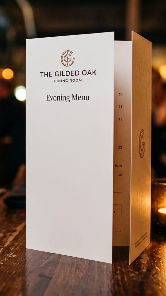 C‑Fold tri‑fold menu standing upright on a restaurant table at night with warm ambient lighting, crisp print quality, realistic shadows, and glassware softly illuminated in the background.