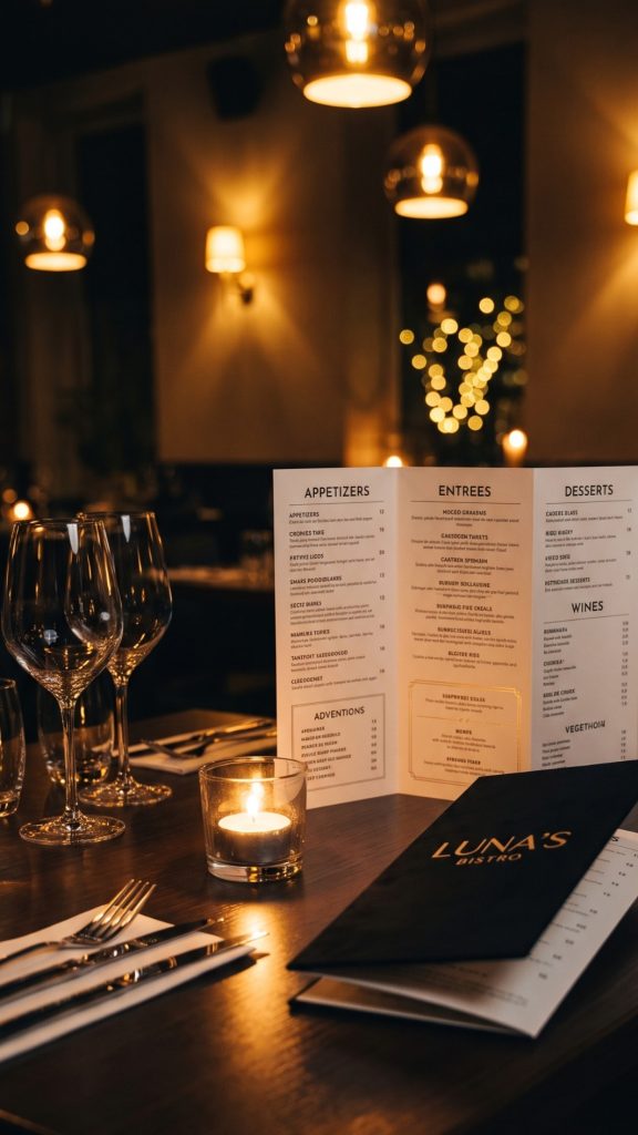 Z‑Fold six‑panel menu placed on a restaurant table at night with warm ambient lighting, soft shadows, subtle reflections and blurred background bokeh, showcasing crisp print quality and a premium evening dining atmosphere.