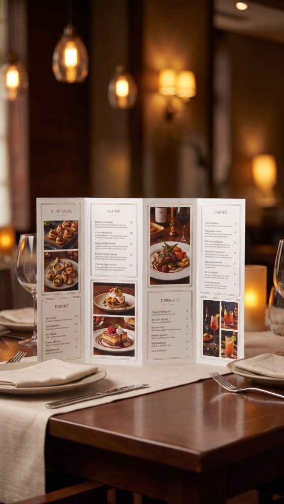 Elegant restaurant menu standing upright on a dining table at night, showing appetizers, mains, desserts and drinks sections with food photography, warm ambient lighting, polished tableware and a refined fine‑dining atmosphere.