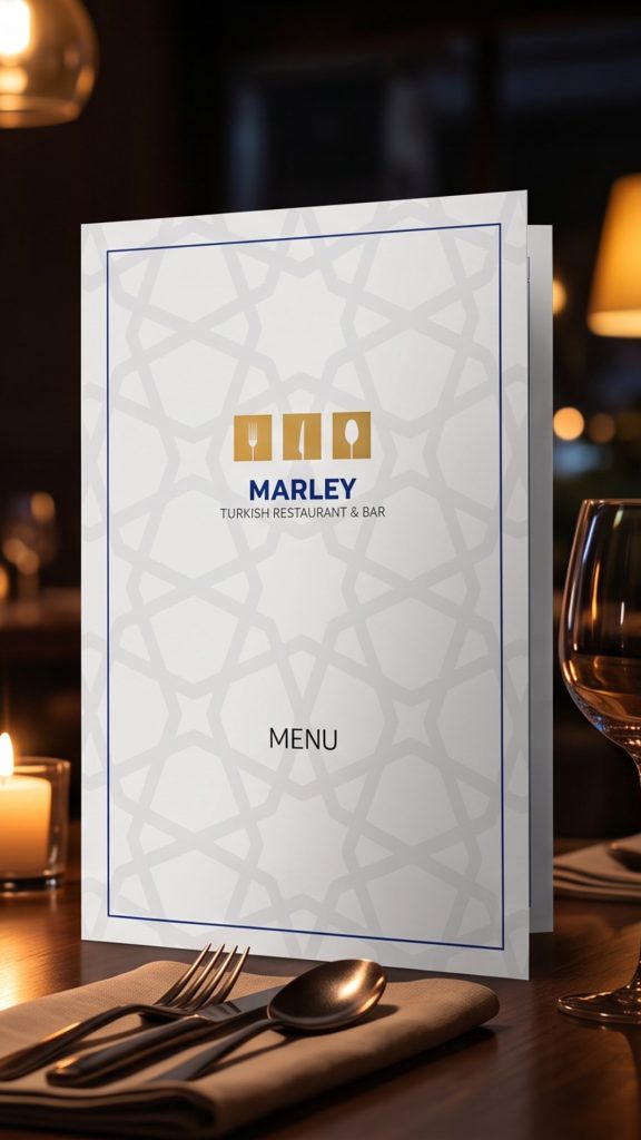 Half‑fold restaurant menu placed on a dining table with warm ambient lighting, soft shadows, subtle reflections and blurred background bokeh, showcasing crisp print quality and a premium dining atmosphere.