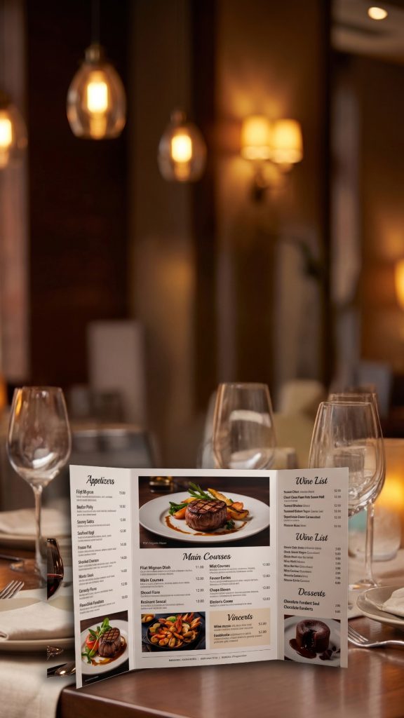 Gate Fold menu standing upright on a restaurant table at night, showing inward‑folding panels and a wide centre spread under warm ambient lighting, with polished tableware and a refined fine‑dining atmosphere.