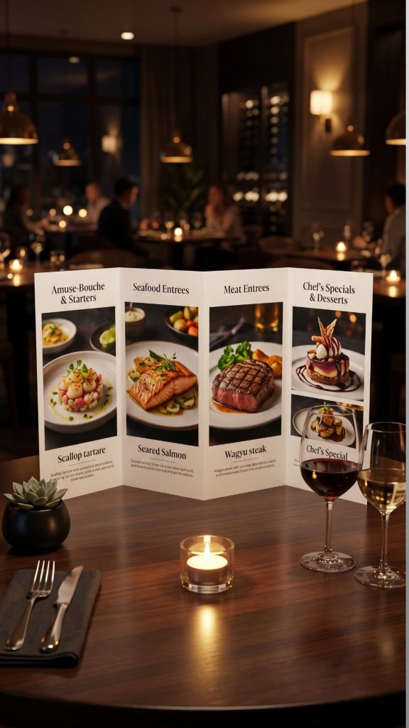 Roll Fold 8‑panel menu displayed fully open and partially rolled on a restaurant table at night, showing sequential folding panels, crisp print quality, warm ambient lighting, polished tableware and an elegant fine‑dining atmosphere.