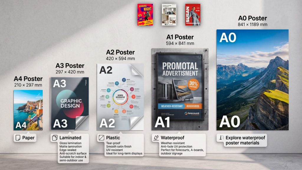 Full range of posters displayed in accurate A‑series sizes including A4, A3, A2, A1 and A0, arranged in a clean stepped layout with crisp high‑resolution print, showing gloss, satin, matte and laminated finishes under soft diffused studio lighting for a premium commercial print‑shop presentation.
