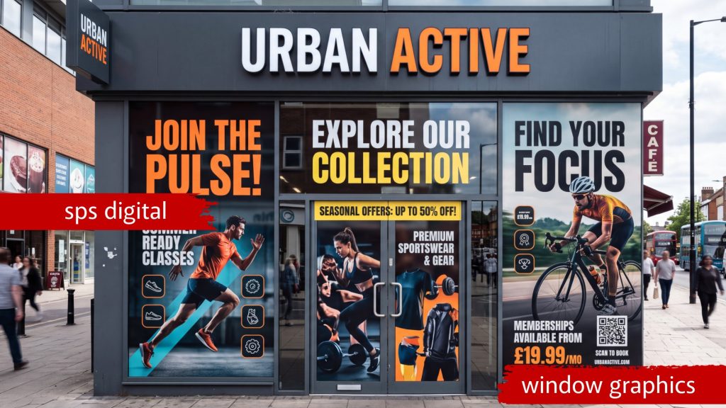 Retail window vinyl graphics installed on a modern London gym shopfront, featuring bold fitness‑themed visuals, strong motivational typography, crisp high‑resolution print and smooth self‑adhesive application across large glass panels, shown in natural daylight with realistic reflections for a premium commercial gym‑branding presentation.