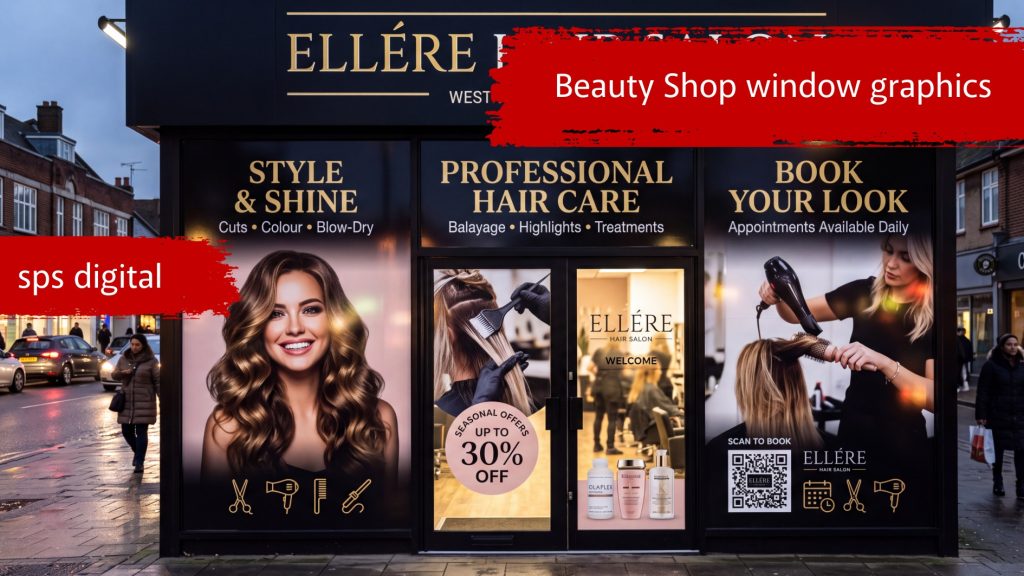 Hair salon window graphics with lifestyle images and premium styling visuals