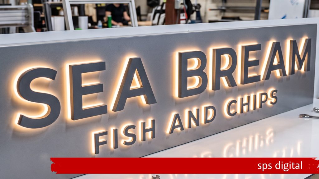 Illuminated “Sea Bream Fish and Chips” 3D lettering with bright LED backlit glow on a metallic fascia, shown in a workshop setting with tools and equipment in the background, capturing crisp fabrication detail, premium craftsmanship and a high‑quality SPS Digital signage production environment.