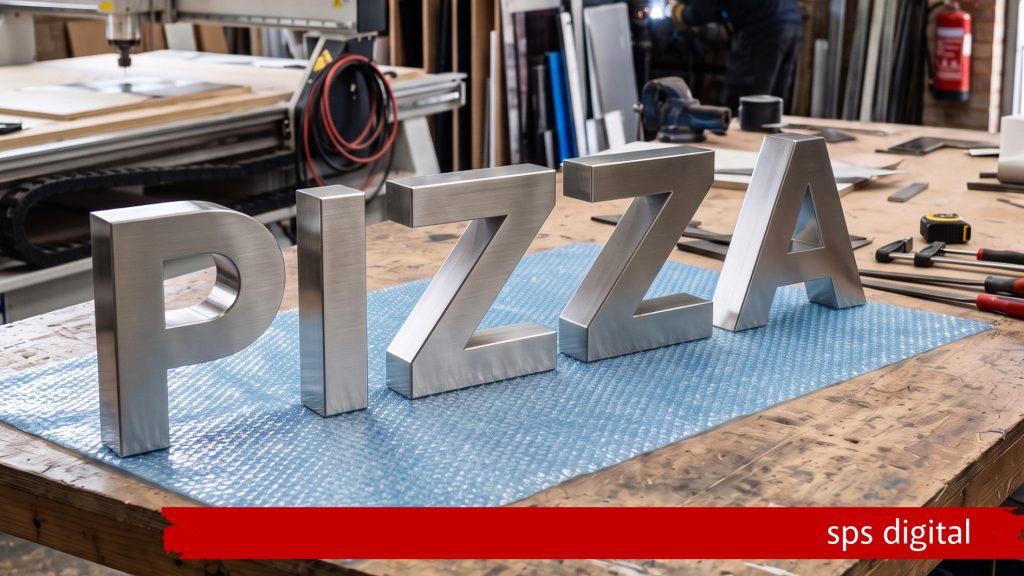 Large metallic 3D “PIZZA” letters placed on a blue‑covered workshop bench, featuring brushed metal surfaces, hollow fabricated depth and surrounding tools and materials, capturing precise craftsmanship and a premium SPS Digital signage production environment.