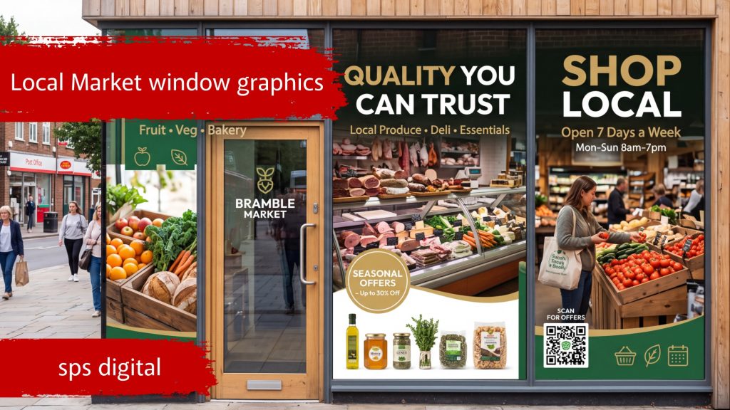 Local market window graphics with fresh produce and grocery visuals