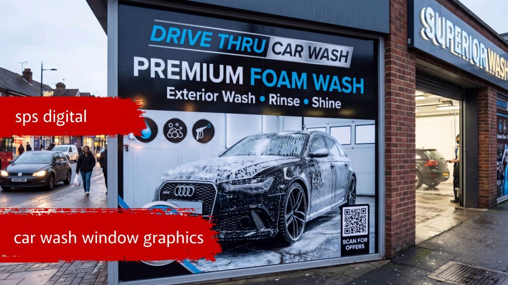 Car wash window graphics with foam wash and detailing visuals