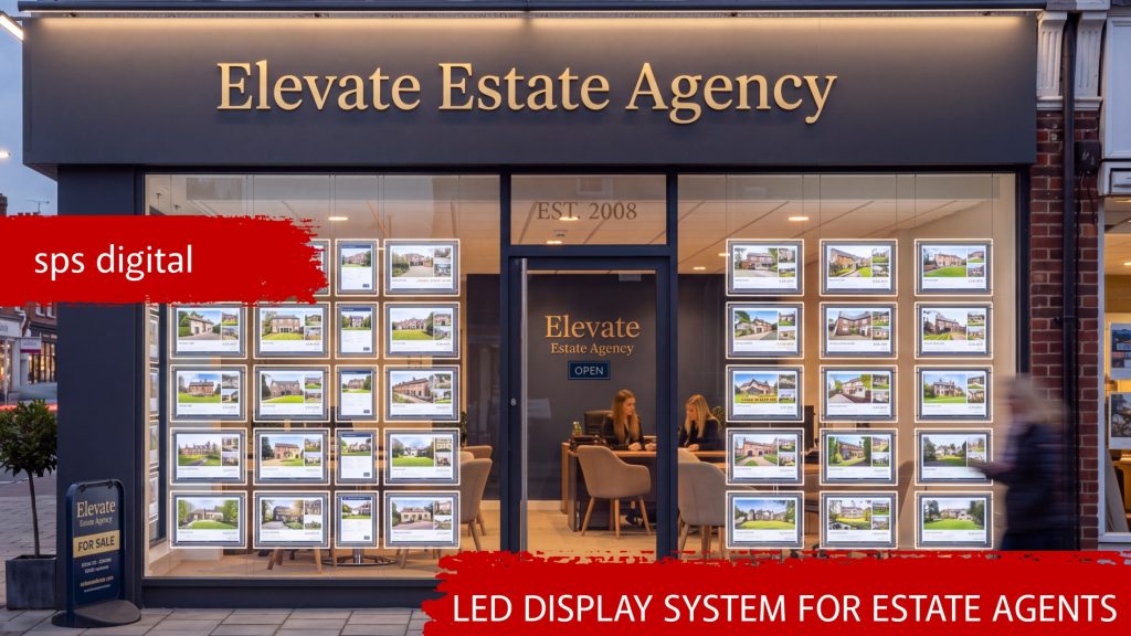 Estate agent shopfront with illuminated LED property lightboxes