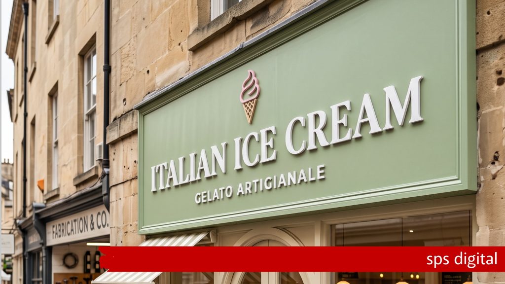 Italian ice cream shopfront sign featuring raised white 3D lettering on a soft green fascia with an ice‑cream cone graphic above the text, displayed on a traditional stone‑street setting with natural daylight, crisp craftsmanship and a premium artisanal gelato branding presentation.