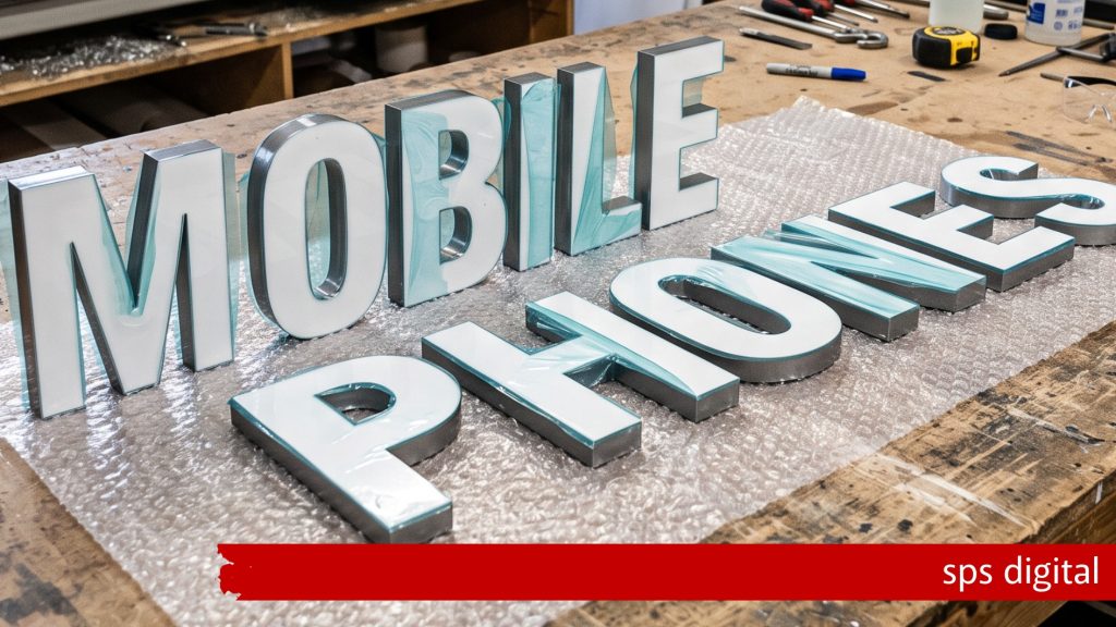 3D metallic “Mobile Phones” letters arranged on bubble wrap on a workshop bench, featuring reflective metal surfaces, crisp fabrication detail and surrounding sign‑making tools, capturing premium craftsmanship and an authentic SPS Digital production environment.