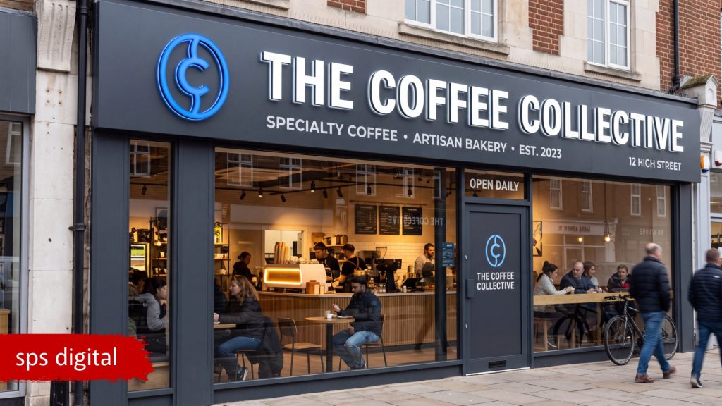 Day‑time commercial coffee shop shopfront featuring a clean illuminated logo sign with soft natural daylight reflections, crisp acrylic or metal logo detailing, balanced shadows and bright, high‑resolution print, presented in a premium daytime branding display.