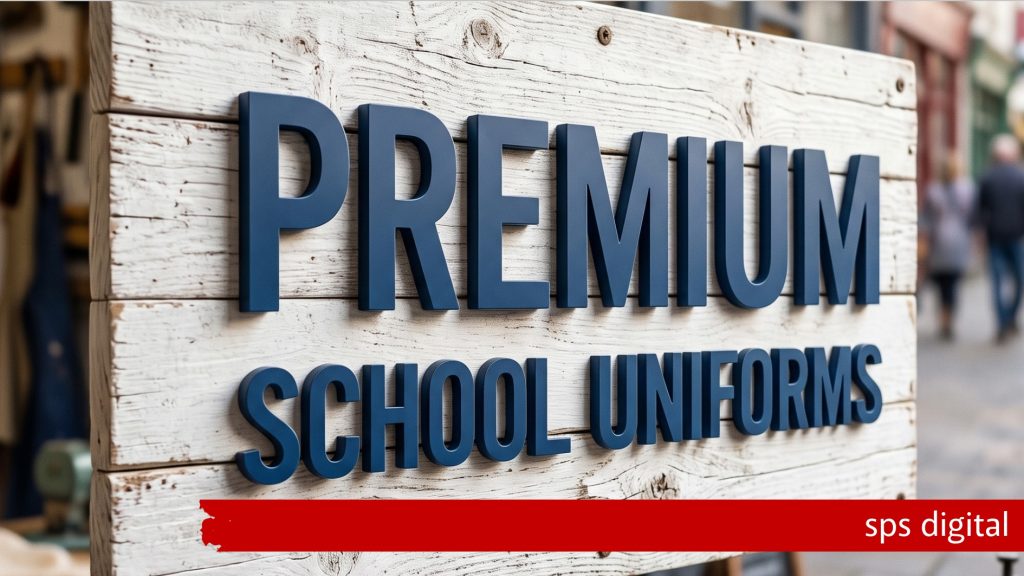 3D “Premium School Uniforms” sign with bold blue raised lettering mounted on a rustic whitewashed wooden panel, shown outdoors with soft natural daylight and subtle street background blur, capturing crisp craftsmanship, clean depth and a premium SPS Digital retail‑branding presentation.