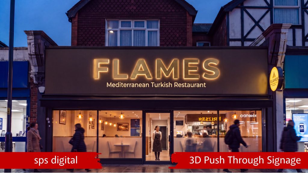 Gold‑tone 3D Push Through illuminated signage featuring precision‑cut aluminium fascia and acrylic push‑through letters, enhanced with warm metallic‑gold highlights and soft halo‑lit glow, displayed on a modern shopfront at night with balanced shadows, realistic reflections and premium luxury branding ambience.