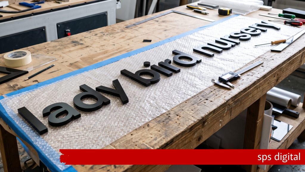 3D lettering for “Lady Bird Nursery” arranged on bubble wrap on a wooden workshop bench, surrounded by tape, ruler, knife and sign‑making tools, showing clean black letters, precise craftsmanship and an authentic SPS Digital production environment.
