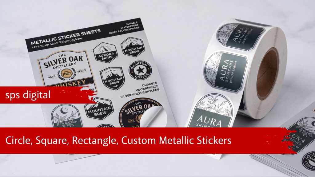 Metallic silver polypropylene sticker with reflective foil‑look finish
