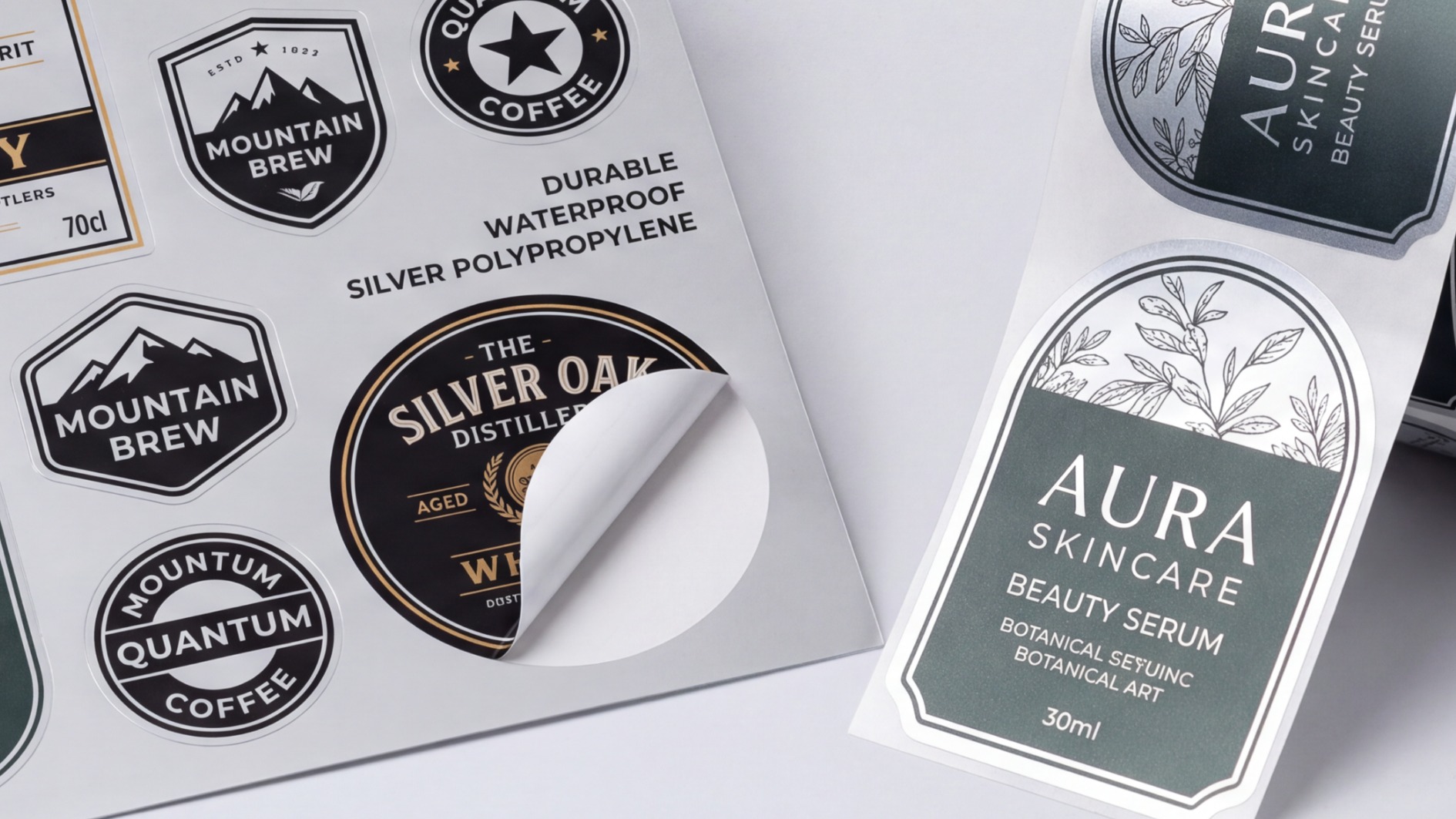 Metallic colour stickers displayed on a clean studio background with reflective foil‑effect surfaces, crisp die‑cut edges, smooth premium print quality and soft diffused lighting, presented in a modern commercial product display showcasing silver, gold and coloured metallic finishes.