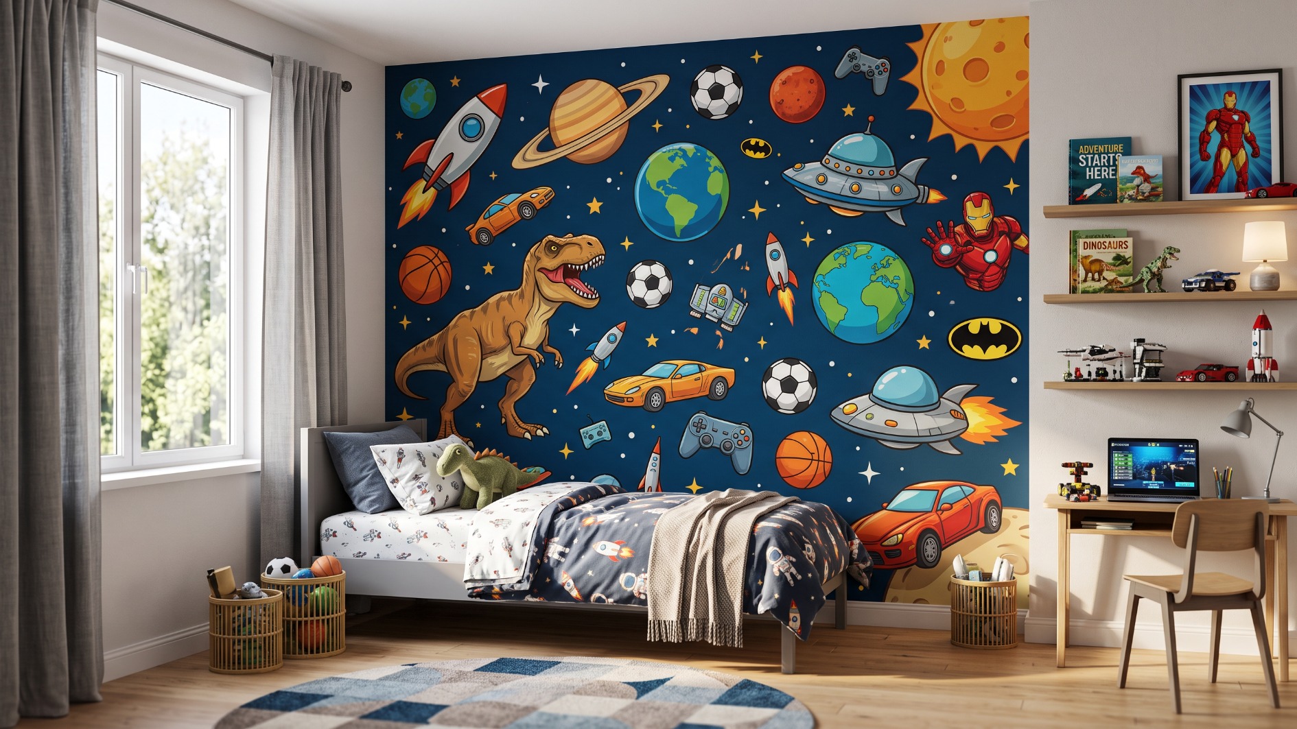 Self‑adhesive printed wallpaper installed on a feature wall