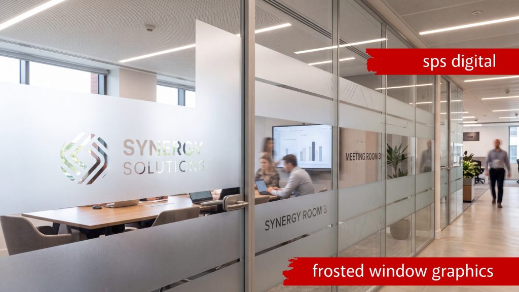 Frosted window vinyl with etched‑glass effect on retail storefront