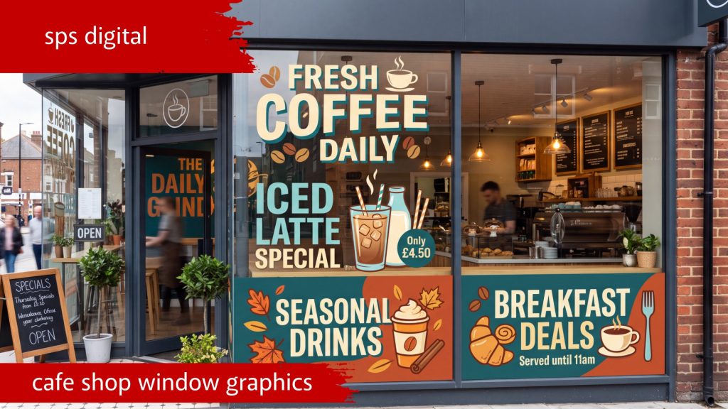 Café promotional window vinyl installed on a Croydon high‑street shopfront, featuring vibrant coffee‑themed graphics, bold offer typography, crisp high‑resolution print and smooth self‑adhesive application on large glass panels, shown in natural daylight with realistic reflections for a premium commercial café branding display.