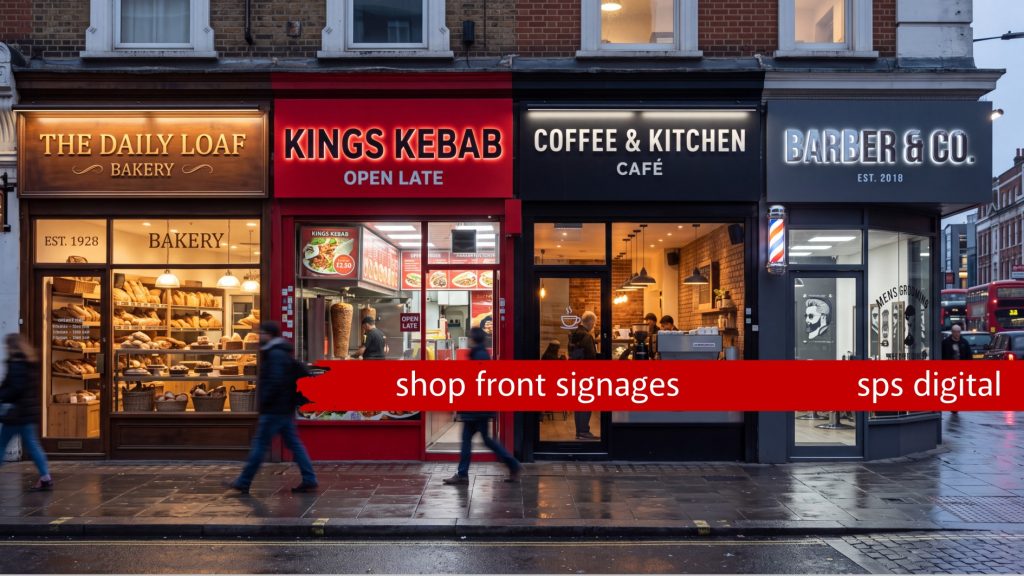 Row of four high‑street shopfronts featuring varied commercial signage styles: a warm bakery façade, a bright illuminated kebab shop, a modern black café frontage and a contemporary barber shop, captured in natural daylight with clear branding, window displays and a premium SPS Digital retail‑signage presentation.