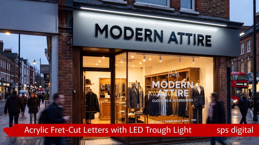 Modern Attire retail shopfront featuring bold black acrylic fret‑cut letters illuminated by LED trough lighting above large glass windows displaying suits and clothing, shown on a busy street with pedestrians and warm interior lighting for a premium SPS Digital commercial branding presentation.