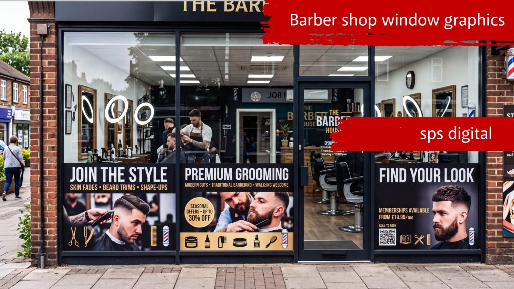Barber shop window graphics printed in high‑resolution