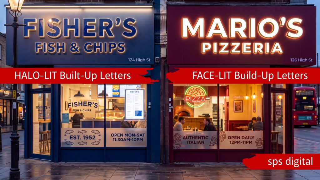 Two neighbouring shopfronts on a busy high street showing contrasting illuminated signage styles: halo‑lit built‑up letters on a blue Fish & Chips storefront and face‑lit built‑up letters on a red Pizzeria storefront, with pedestrians, window graphics and warm interior lighting, capturing premium SPS Digital commercial signage presentation.