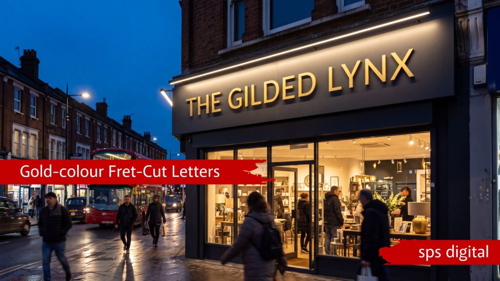 Gold‑colour fret‑cut letters mounted on a premium shopfront at dusk, illuminated by warm exterior lighting with wet street reflections, passing pedestrians and soft ambient glow, capturing luxury retail branding and high‑quality SPS Digital signage presentation.