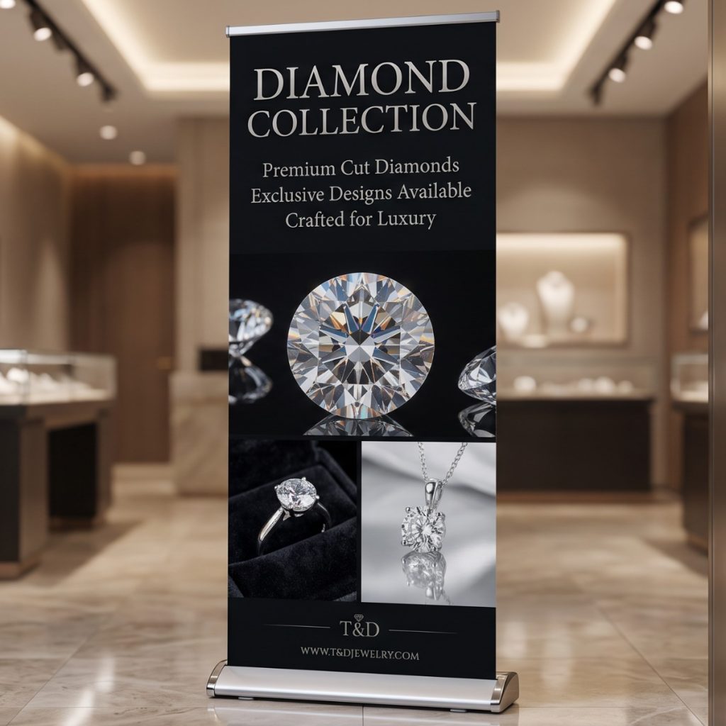 High‑quality roller banner positioned at a jewellery shop entrance, featuring luxury gold and silver jewellery imagery, displayed on a lightweight aluminium base with smooth pull‑up graphics inside a modern retail interior.