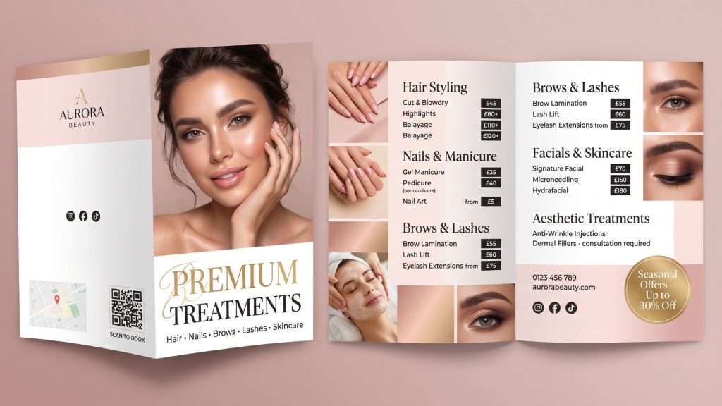 Beauty salon leaflet featuring high‑resolution lifestyle imagery, modern pastel colour palette, clean typography, treatment highlights for hair, nails, brows, lashes and skincare, arranged in a professional A5 layout designed for salons, spas and aesthetics studios.