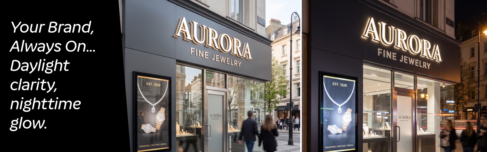 Day & night shop front signage: Modern shopfront with high‑brightness fascia sign visible in daylight and illuminated at night