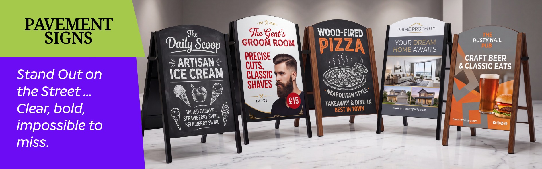 Premier A‑board pavement sign with heavy‑duty frame, crisp printed panel, sharp graphics and a high‑end professional outdoor display suitable for cafés, restaurants, salons and retail businesses.