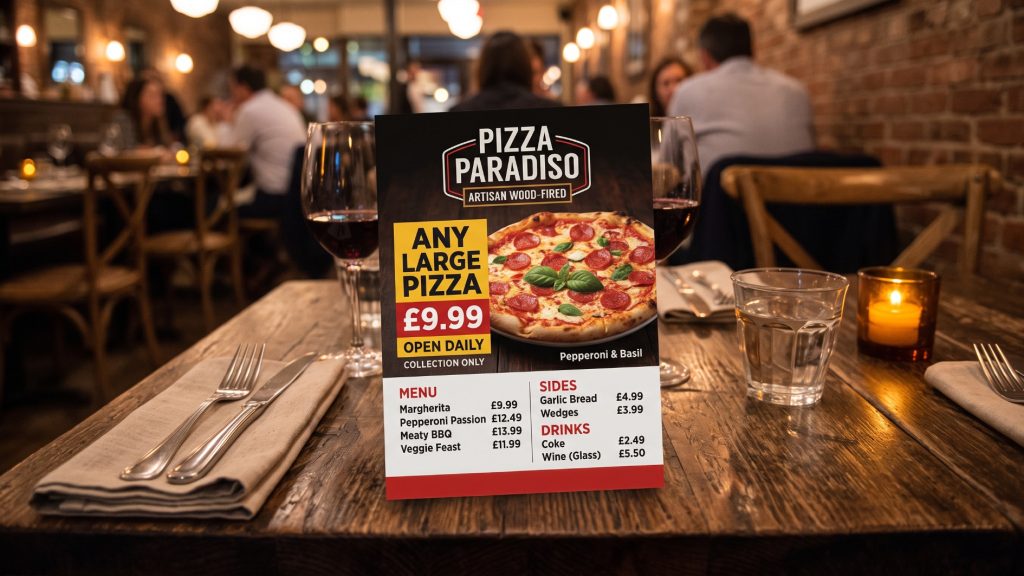 Pizza leaflet placed flat on a restaurant table with warm ambient lighting, showing bold offers, vivid food photography, crisp print quality, and surrounding tableware in an elegant dining setting.