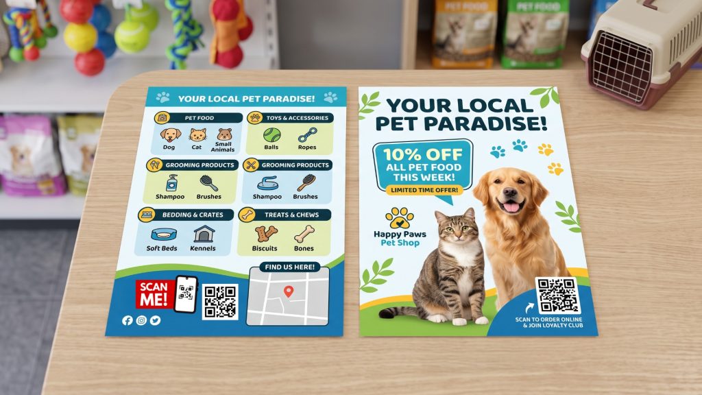 Full‑colour pet shop leaflet featuring friendly animal photography, product categories, offers and branding, displayed with crisp print quality and clean commercial layout.