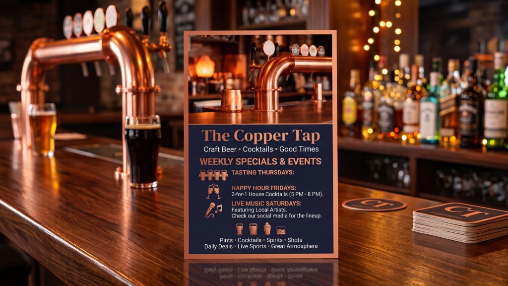 A5 bar leaflet placed flat on a pub table with warm amber lighting, showing craft beer and cocktail offers, crisp print quality, copper tones and blurred bar ambience in the background.